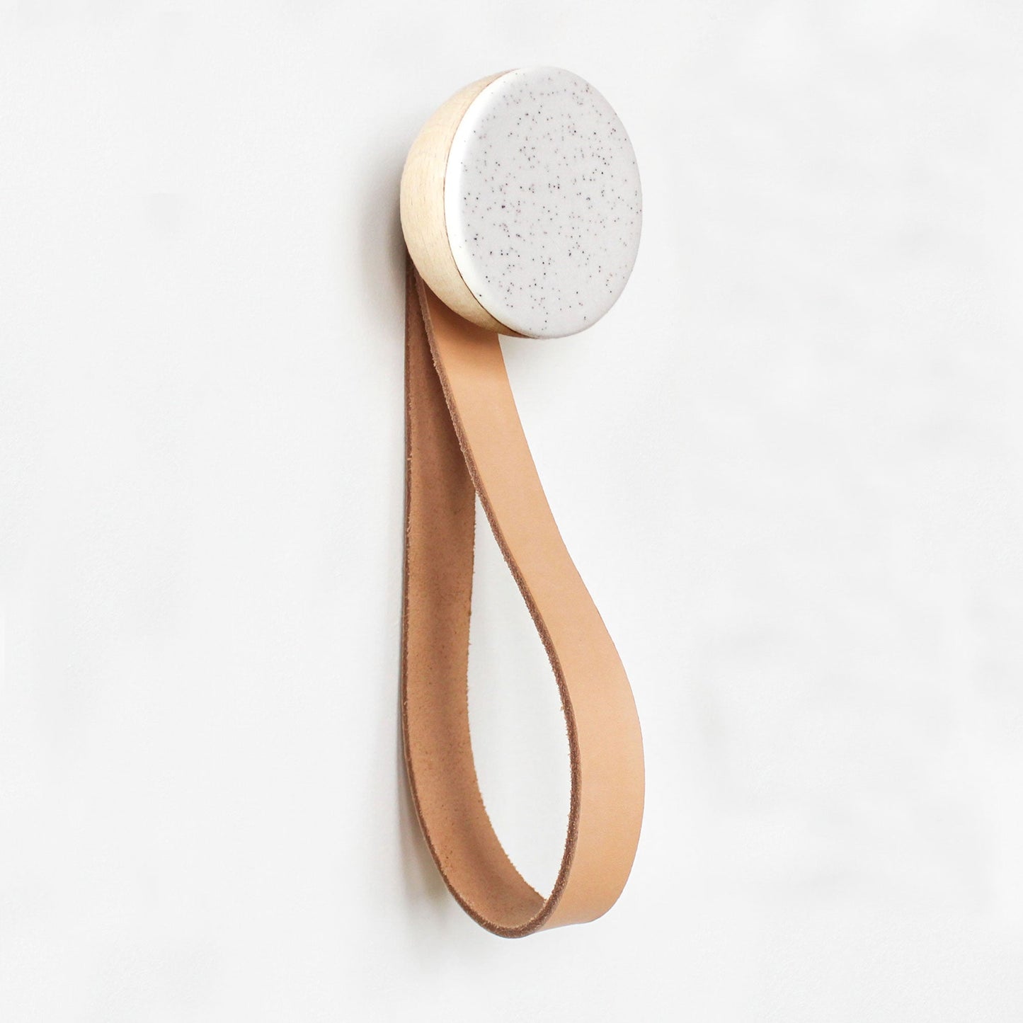Round Beech Wood & Ceramic Wall Mounted Coat Hook / Hanger with Leather Strap - White Sand-1