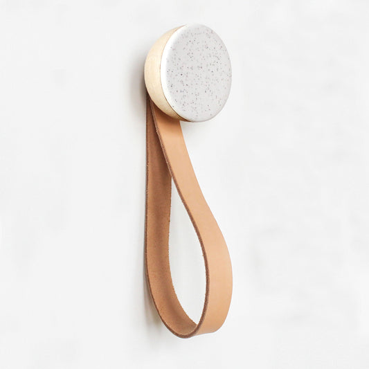 Round Beech Wood & Ceramic Wall Mounted Coat Hook / Hanger with Leather Strap - White Sand-1