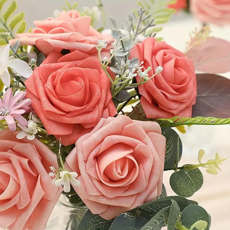 25-Piece Retro Deep and Light Coral Artificial Roses Set with Real Touch Feel-1