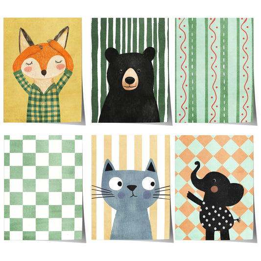 Poster Kinderzimmer Bär · Elefant · Fuchs · Katze · Geschenkidee für Kinder · Grün & Gelb · Waldtiere & Safari · Deko Print ohne Rahmen-0