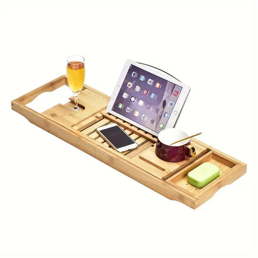 Stretchable Bamboo Bathtub and Bath Storage Rack - Natural Color-0
