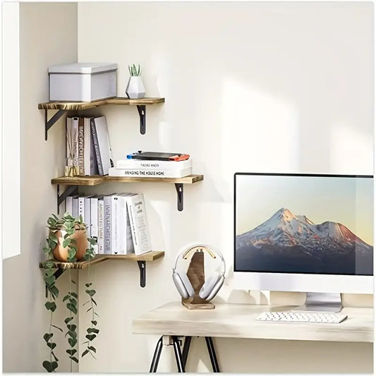 Rustic Wood Corner Wall Shelves for Elegant Display & Storage-1