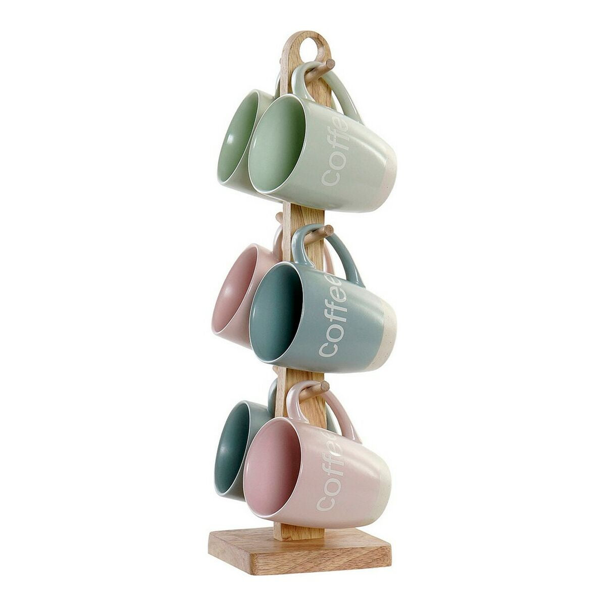 Mug DKD Home Decor Multicolour Blue Pink Rubber wood Green Stoneware 160 ml (3 Units) (7 pcs)-0