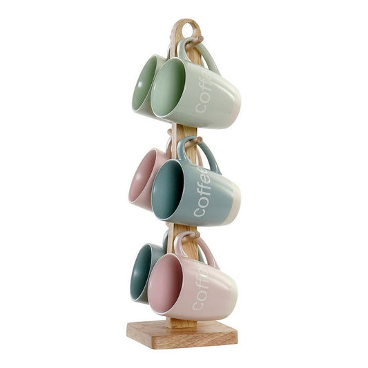 Mug DKD Home Decor Multicolour Blue Pink Rubber wood Green Stoneware 160 ml (3 Units) (7 pcs)-0