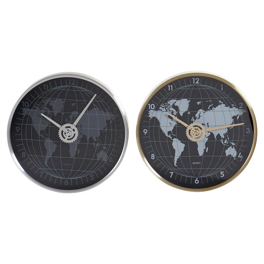 Wall Clock DKD Home Decor Black Golden Silver Aluminium Crystal World Map 30 x 4,3 x 30 cm (2 Units)-0