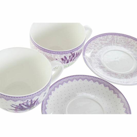 Cup with Plate DKD Home Decor White Green Lilac Porcelain 220 ml (2 Units)-1