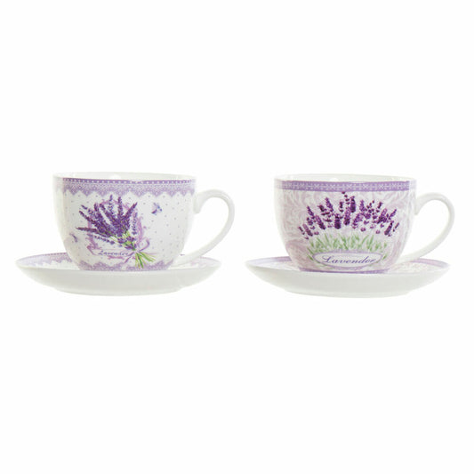 Cup with Plate DKD Home Decor White Green Lilac Porcelain 220 ml (2 Units)-0