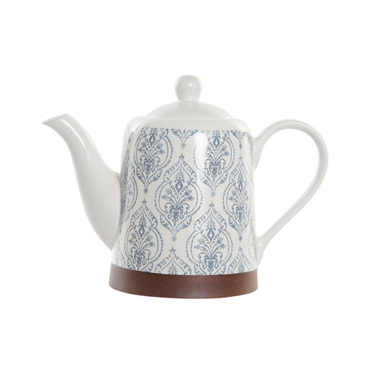 Teapot DKD Home Decor Blue White Brown Rubber wood Stoneware-0