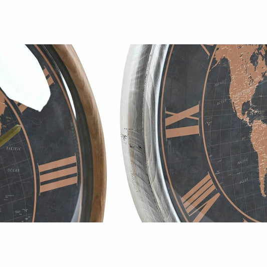 Wall Clock DKD Home Decor 46 x 6,5 x 46 cm Crystal Silver Black Golden Brown Iron World Map (2 Units)-1