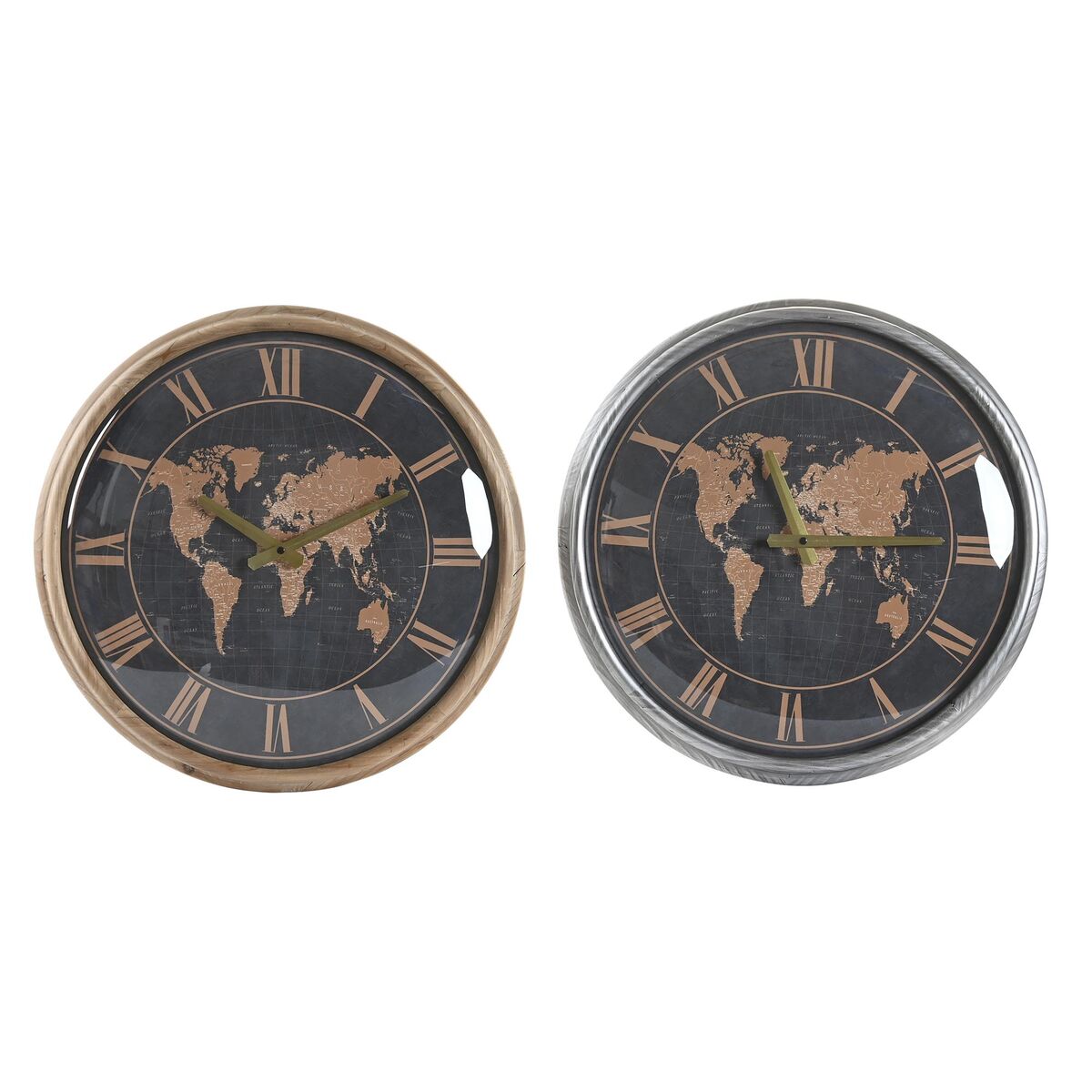 Wall Clock DKD Home Decor 46 x 6,5 x 46 cm Crystal Silver Black Golden Brown Iron World Map (2 Units)-0