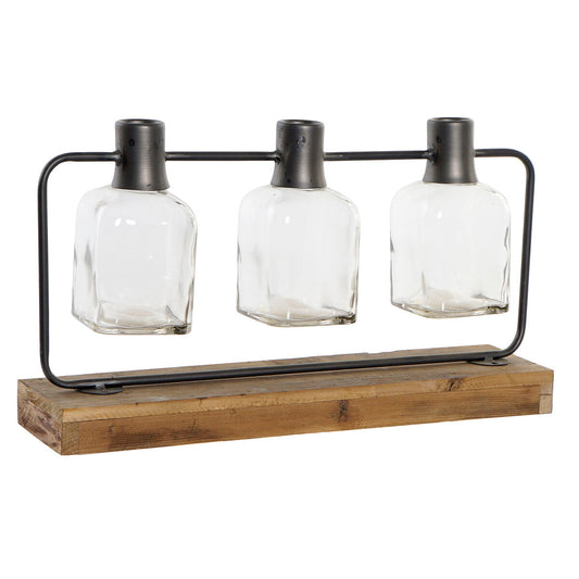 Vase DKD Home Decor Black Natural Metal Crystal Paolownia wood 49 x 11 x 27 cm (3 Pieces)-0