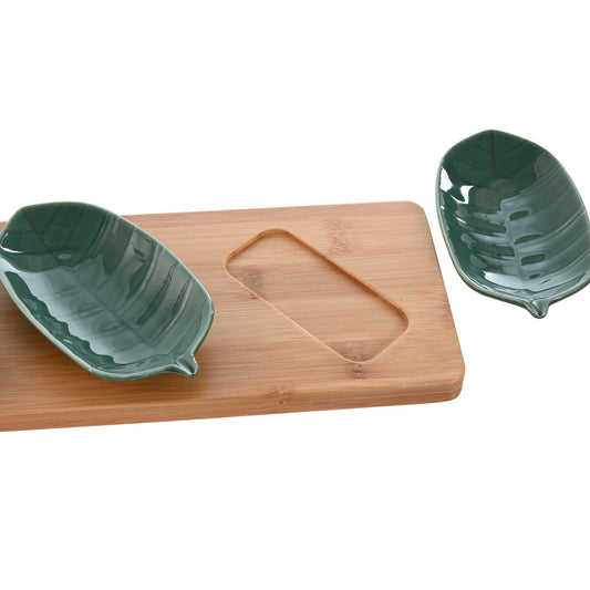 Appetizer Set Home ESPRIT Green Dark green Bamboo Porcelain Tropical 4 Pieces 28,4 x 10,5 x 3 cm (2 Units)-1