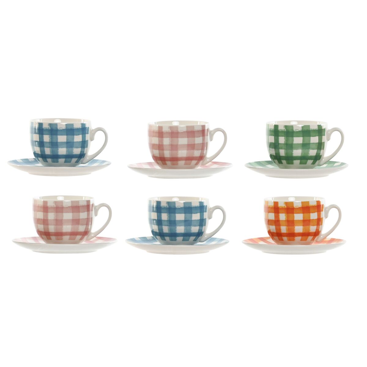 Set of 6 Cups with Plate Home ESPRIT Blue Green Orange Pink Porcelain Stripes Mediterranean 240 ml-0
