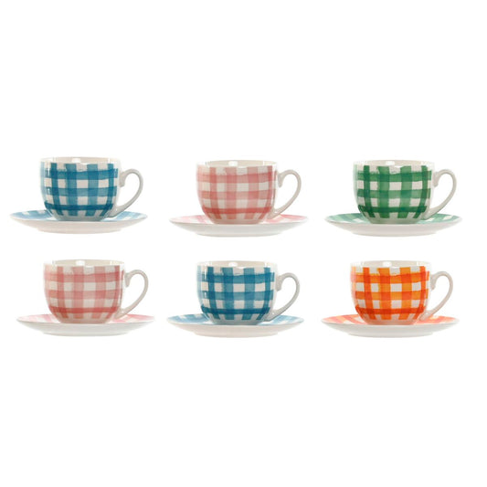 Set of 6 Cups with Plate Home ESPRIT Blue Green Orange Pink Porcelain Stripes Mediterranean 240 ml-0