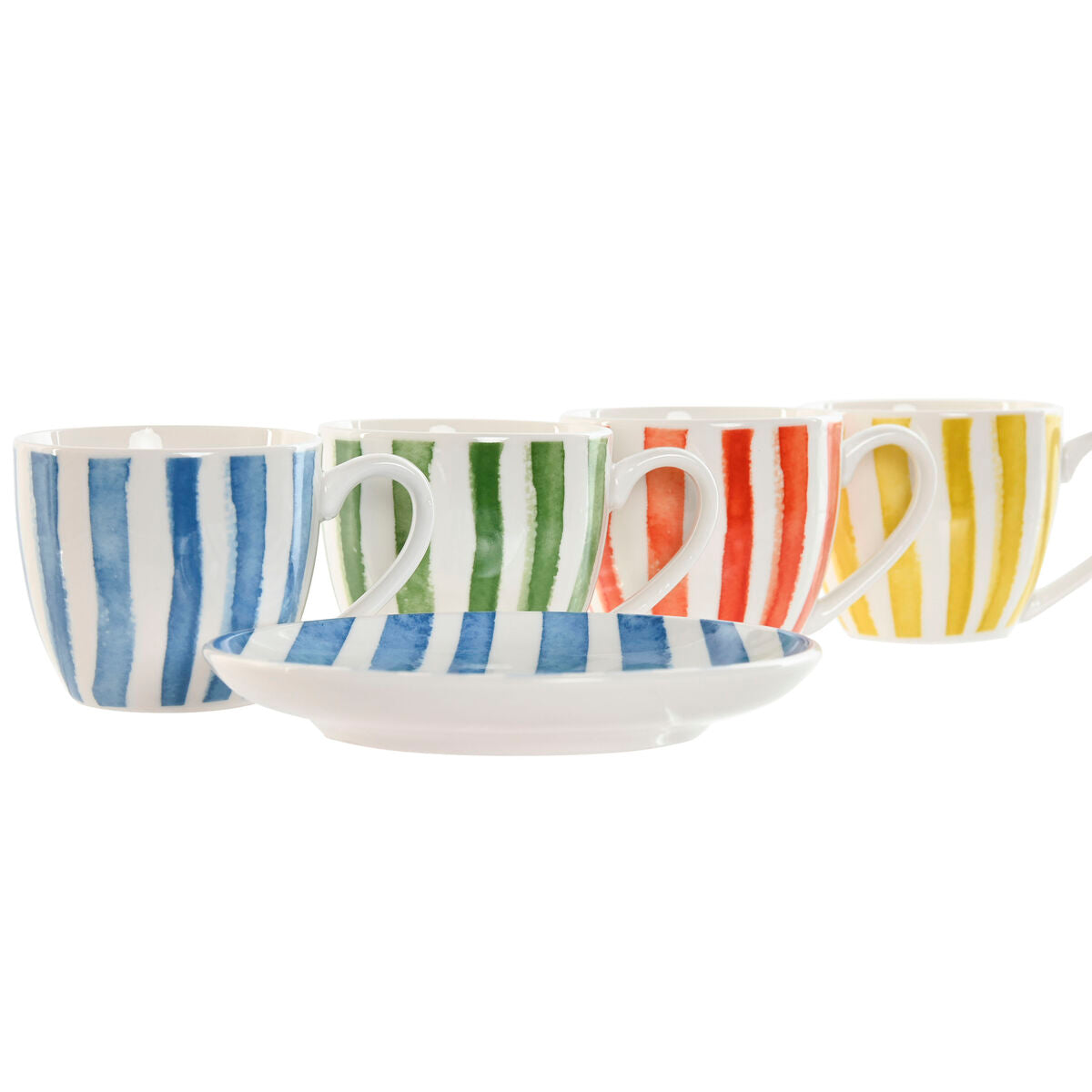 Set of 6 Cups with Plate Home ESPRIT Yellow Blue Green Coral Porcelain Stripes Mediterranean 90 ml-2