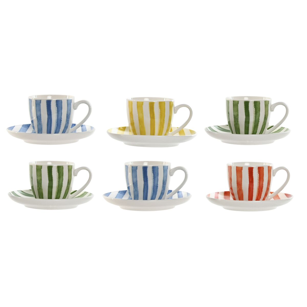 Set of 6 Cups with Plate Home ESPRIT Yellow Blue Green Coral Porcelain Stripes Mediterranean 90 ml-0