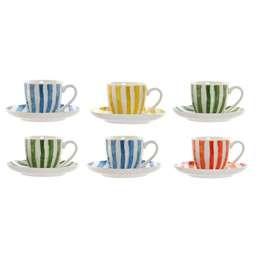Set of 6 Cups with Plate Home ESPRIT Yellow Blue Green Coral Porcelain Stripes Mediterranean 90 ml-0