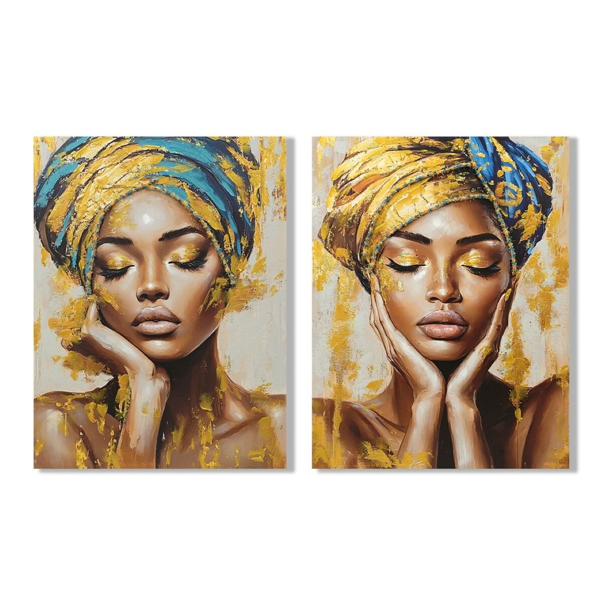 Painting Home ESPRIT Turquoise Golden Colonial African Woman 90 x 3 x 120 cm (2 Units)-0