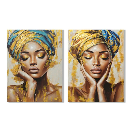Painting Home ESPRIT Turquoise Golden Colonial African Woman 90 x 3 x 120 cm (2 Units)-0