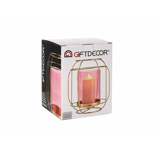 Candleholder Gift Decor SW120663A Pink Golden Metal Glass 19 x 20 x 19 cm Lantern-1