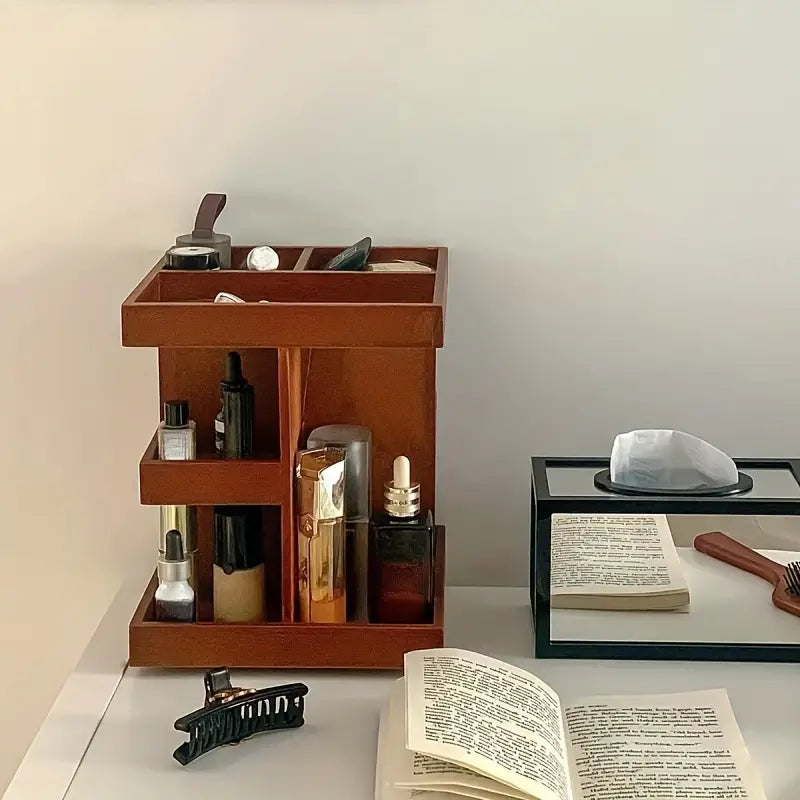 360° Rotating Wooden Cosmetic Storage Shelves - Brown Vanity Shelf-3