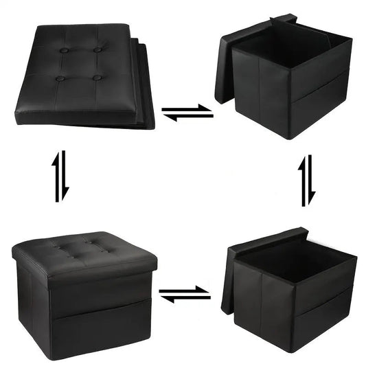 Black PU Leather Storage Ottoman: Folding Foot Stool with Thicker Foam-0
