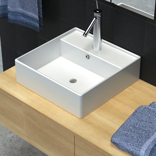 NNEVL Ceramic Basin Square with Overflow and Faucet Hole 41 x 41 cm-0