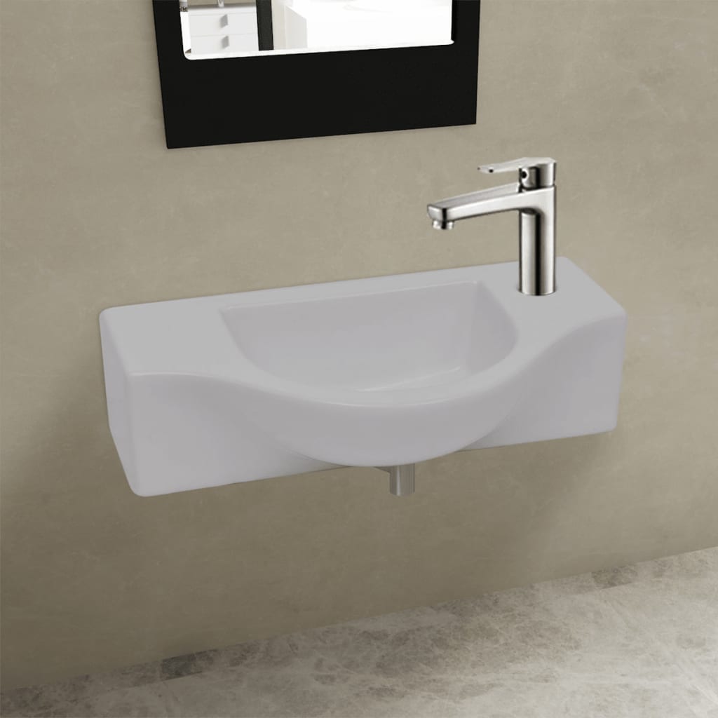 NNEVL Ceramic Bathroom Sink Basin with Faucet Hole White-0