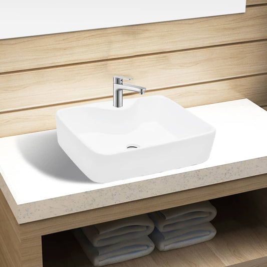 NNEVL Ceramic Bathroom Sink Basin with Faucet Hole White Square-0
