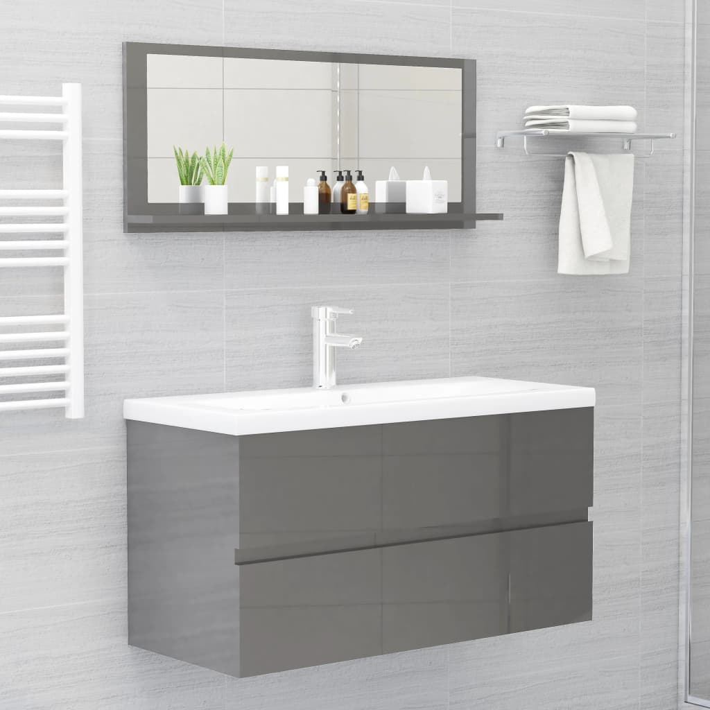 NNEVL Bathroom Mirror High Gloss Grey 90cm Chipboard-3