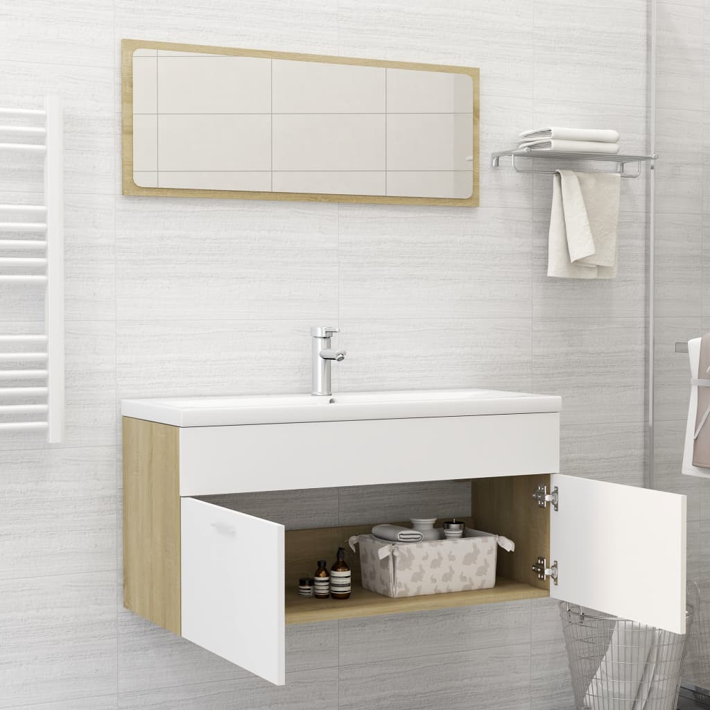 NNEVL 2 Piece Bathroom Furniture Set White and Sonoma Oak Chipboard-2