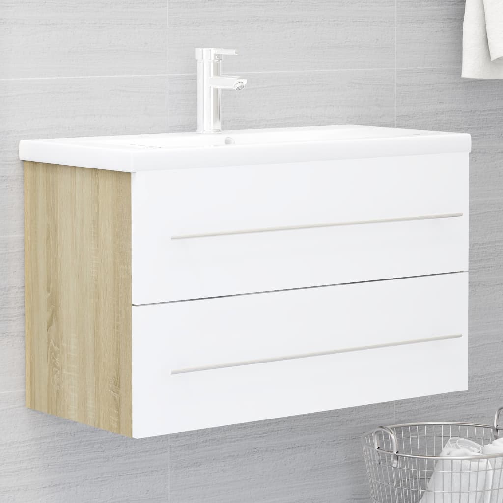 NNEVL 2 Piece Bathroom Furniture Set White and Sonoma Oak Chipboard-3