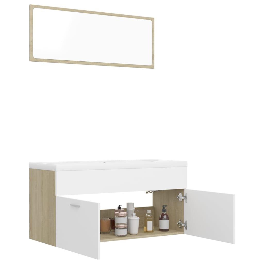 NNEVL Bathroom Furniture Set White and Sonoma Oak Chipboard-3