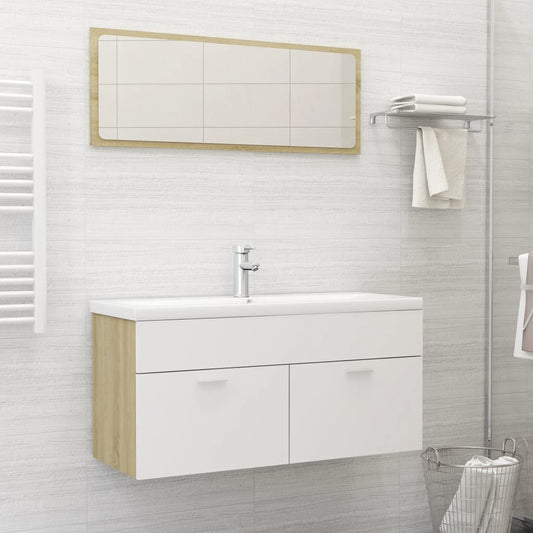 NNEVL Bathroom Furniture Set White and Sonoma Oak Chipboard-0