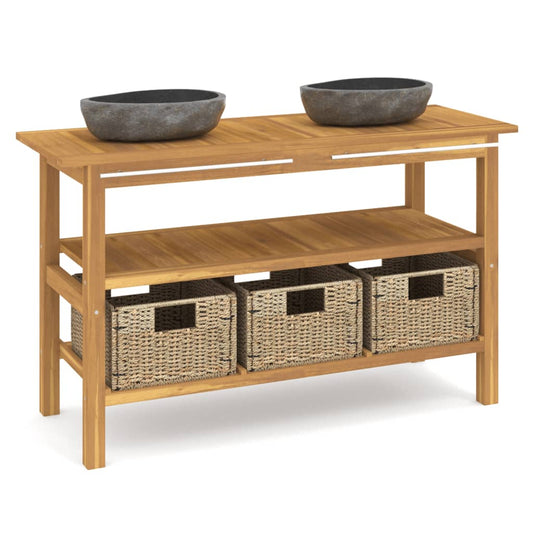 NNEVL Bathroom Vanity Cabinet with River Stone Sinks Solid Wood Teak-1