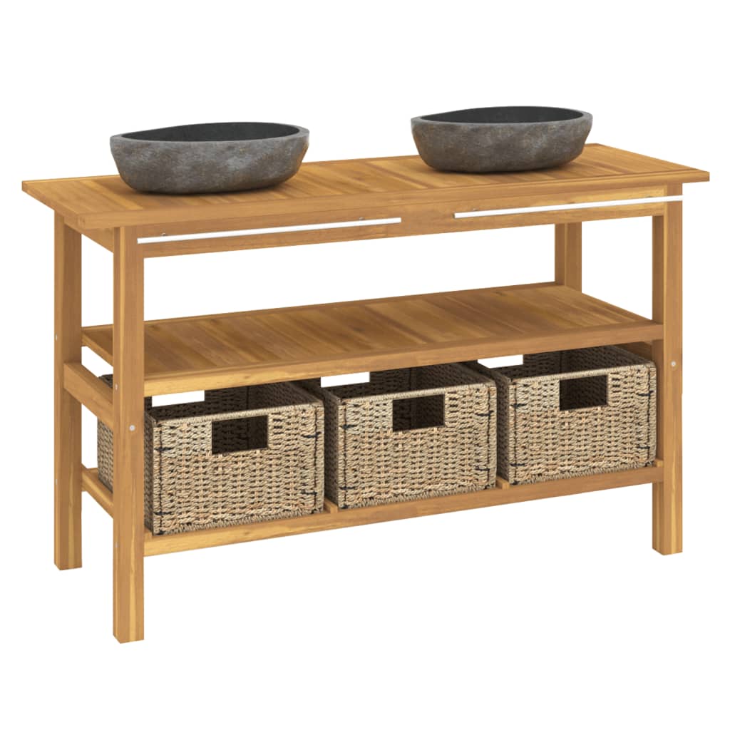 NNEVL Bathroom Vanity Cabinet with River Stone Sinks Solid Wood Teak-2