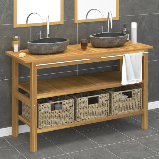 NNEVL Bathroom Vanity Cabinet with River Stone Sinks Solid Wood Teak-0