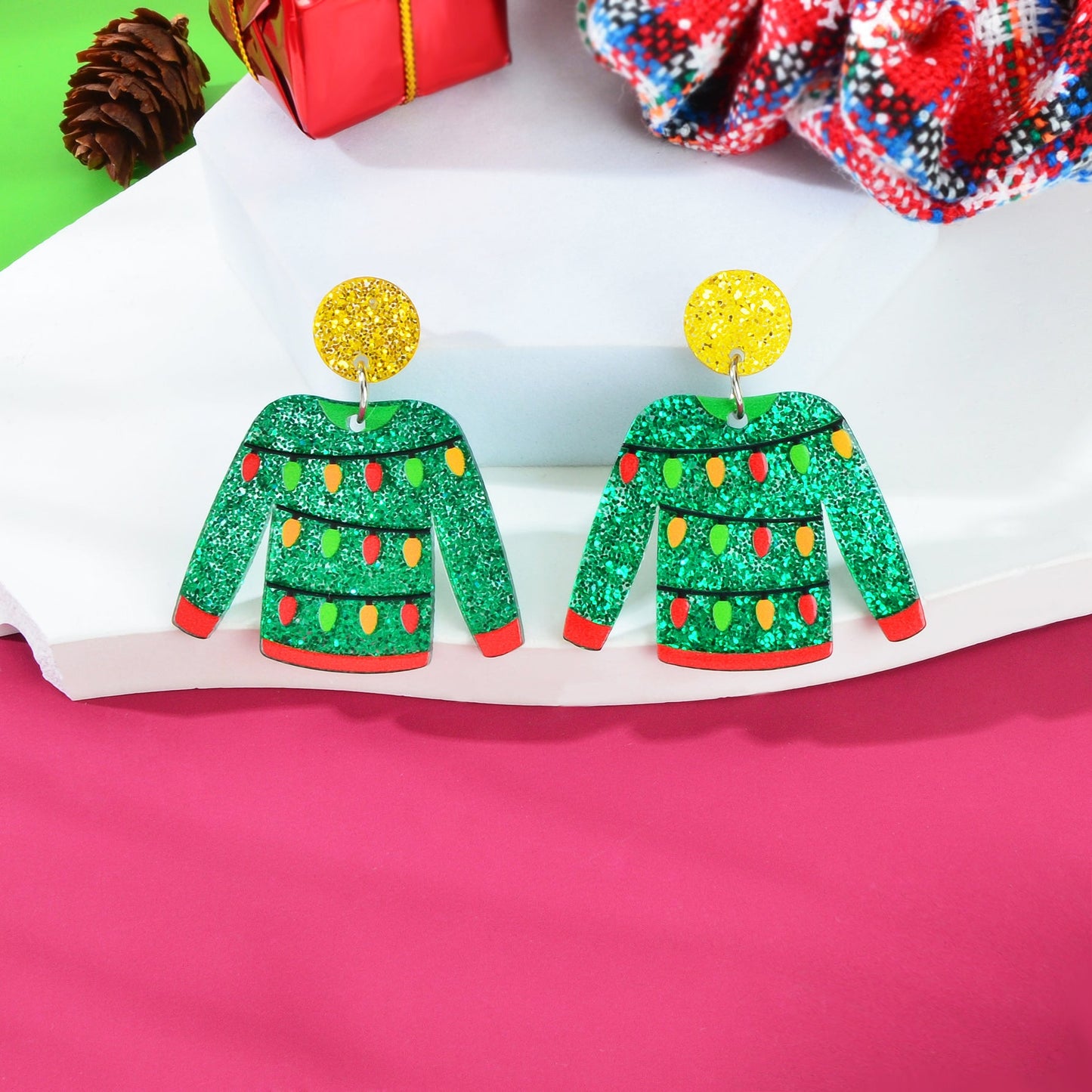 Christmas Festival Jewelry Colored Lights Decor Green Clothes Acrylic Earrings-1