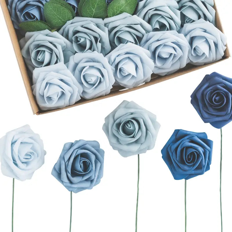 25-Piece Soft-Touch Foam Artificial Rose Flowers - Five Shades of Blue-0