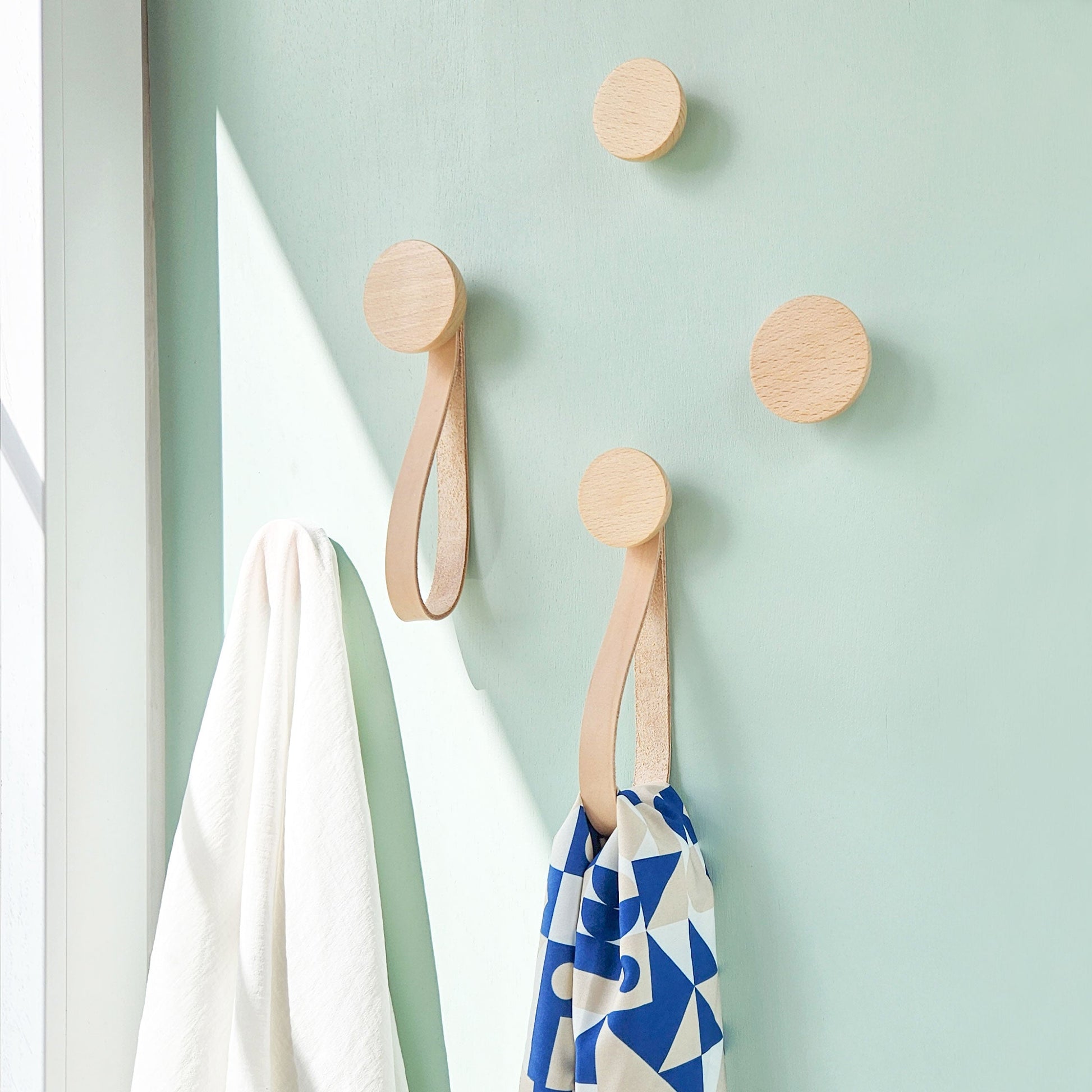 Set of Hooks - Round Beech Wood Wall Mounted Coat Hook / Hanger with Leather Strap-2