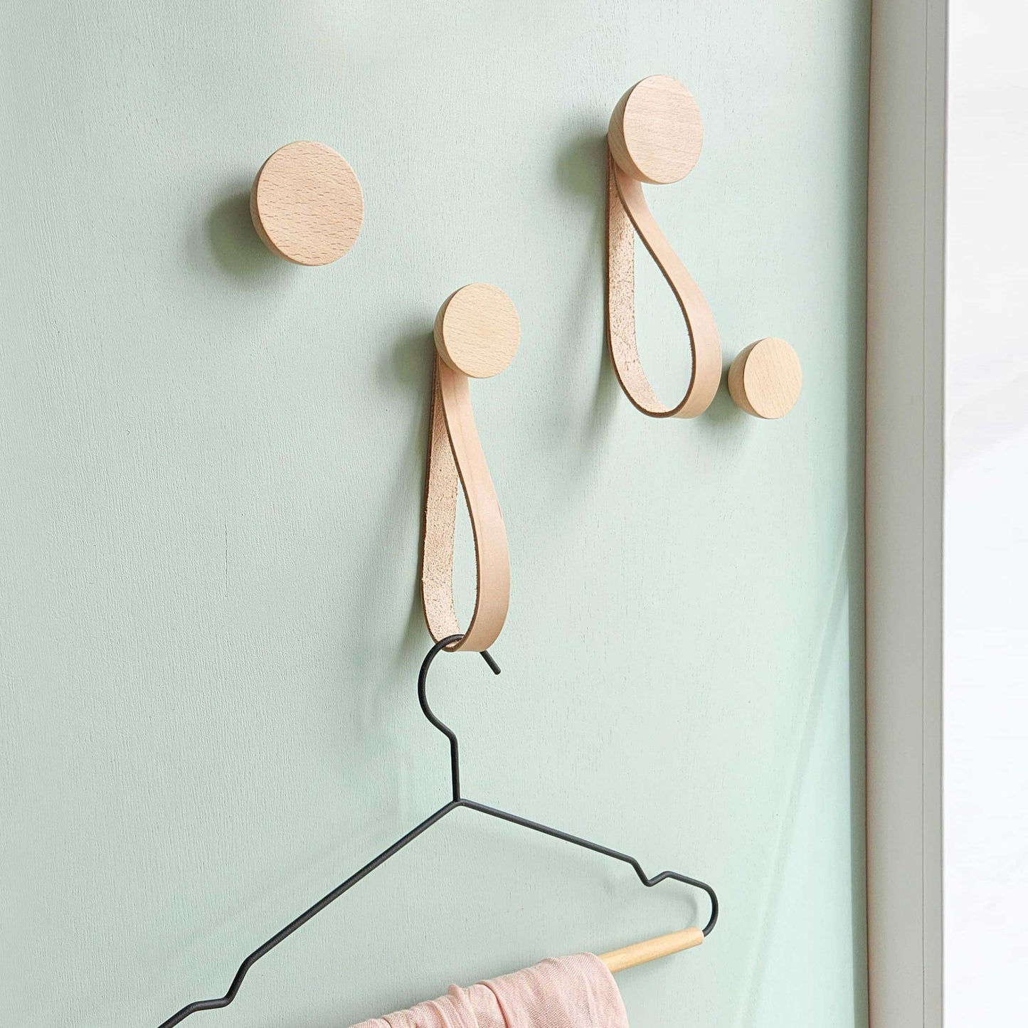 Set of Hooks - Round Beech Wood Wall Mounted Coat Hook / Hanger with Leather Strap-4