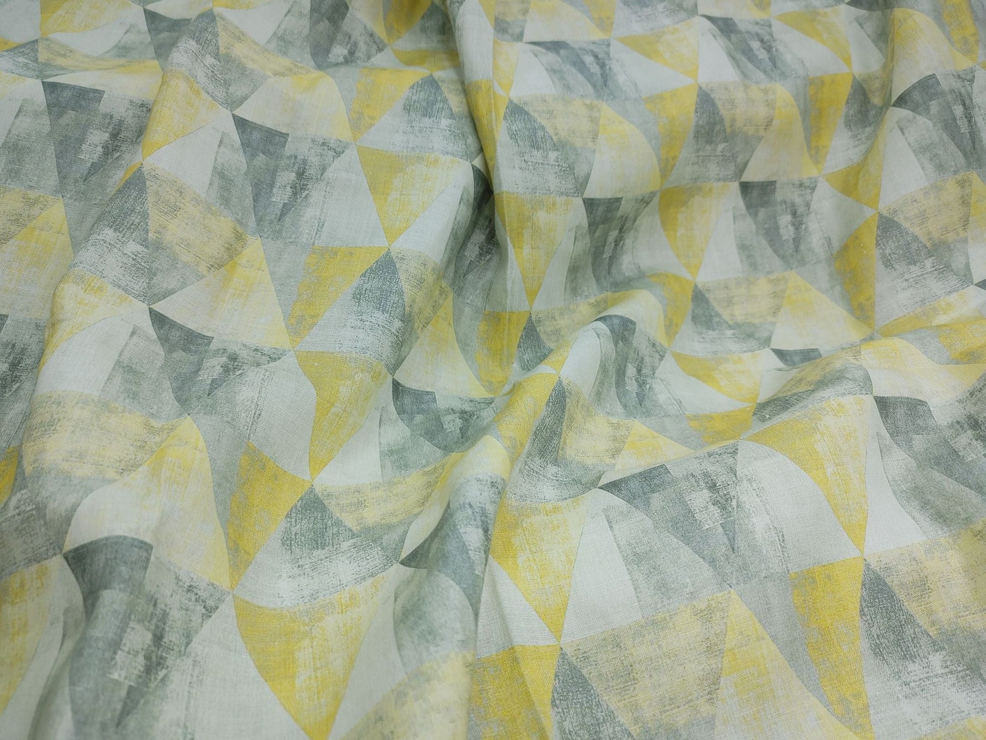 Geometric Print Hemp Fabric | Yellow & Grey | Organic | 145gsm | 147cm Wide-0
