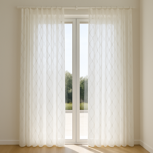 Elegant Sheer Privacy Curtain – Soft Linen Look, Embroidered Trellis Design – Custom Sizes, 4 Heading Styles – OEKO-TEX Certified-1