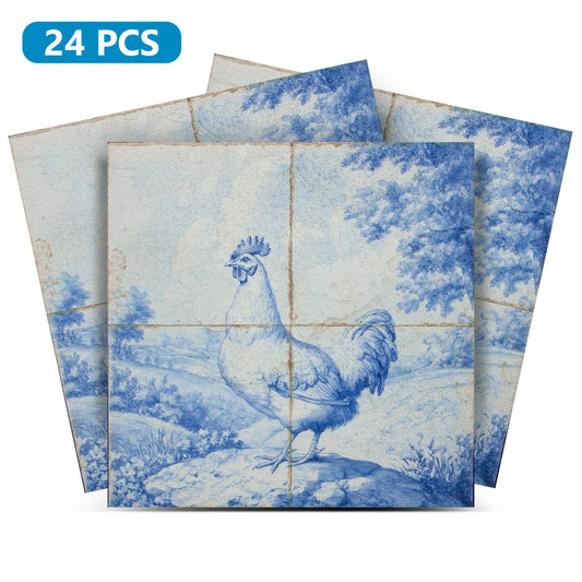 Rooster Delft Vintage Blue Design Peel And Stick Tile Stickers delft fireplace surround Kitchen Tile Trends - D66-0