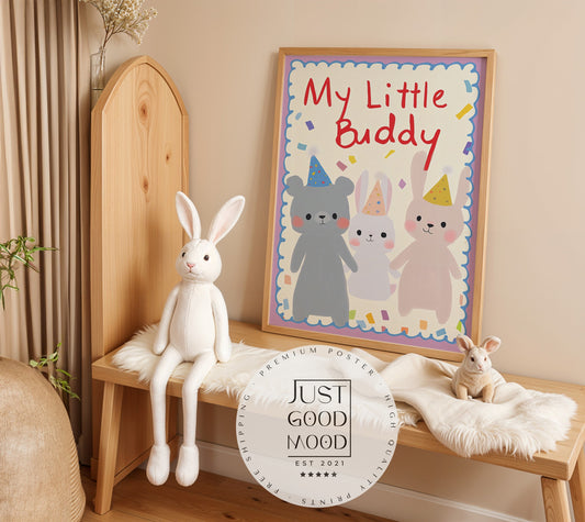 Poster Kinderzimmer Tiere · My Little Buddy · Bär & Hasen mit Partyhüten · Freundschaft & Spaß · Geschenkidee · Ohne Rahmen-0