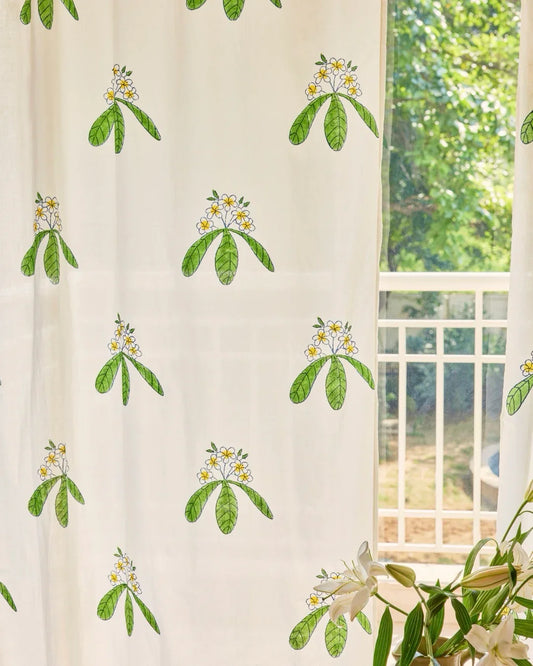 White & Green Hand Block Printed Linen Curtains | Frangipani Design-1