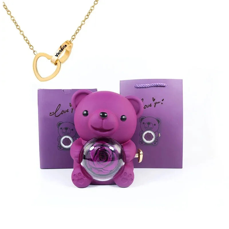Eternal Rose Teddy Bear Gift Box with Necklace (Purple Gold)-0