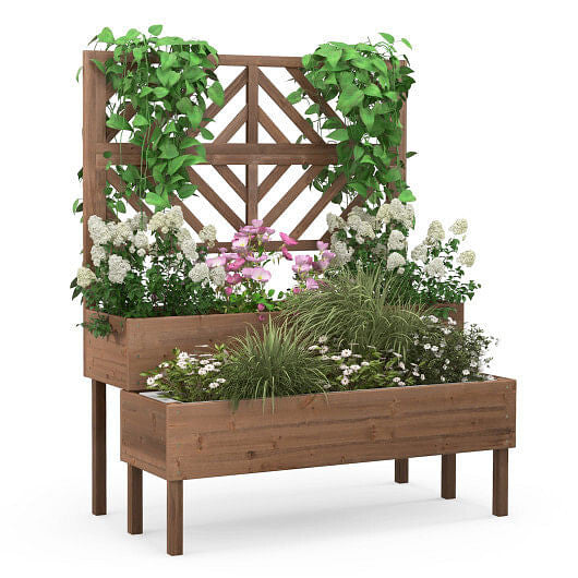 2-Tier Raised Garden Bed with Trellis-Brown-0