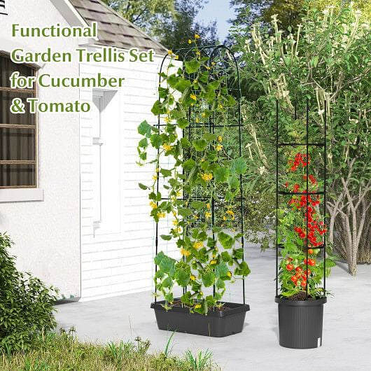 2 Pack Garden Planters with Trellis Cucumber Trellis Tomato Cage-Black-1