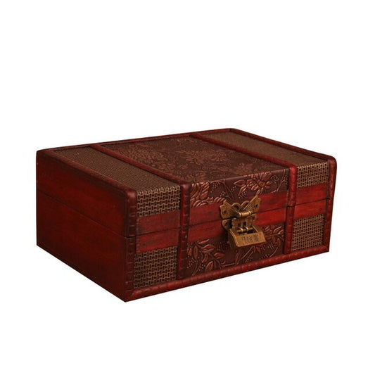 European vintage Wood box with lock storage box rectangle Desktop box antique wooden jewelry box-0